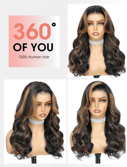 Gelaagde Curtain Bangs Pruik van Echt Haar 1B/30 Zwart-Bruin – Lijmloze Pruik – Lace Front Pruik – Menselijk Haar Pruik – Body Wave Pruik – 6x6 HD Lace – 200% Dichtheid
