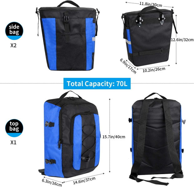 3-in-1 Fietstas - Fietstassen - Dubbele Fietstas - Multifunctioneel Bagagedragertas - Scheurvast - Grote Bagagetassen - met Regenhoes - 70L - Nylon - Blauw