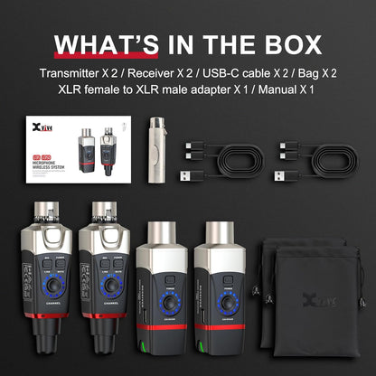 Xvive U35D Stereo XLR Plug-on draadloos audiosysteem voor PA/DJ-systeem met actieve luidsprekers en dynamische microfoons (5,8 GHz)
