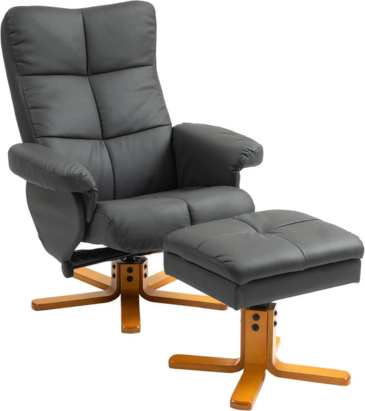 HOMCOM Recliner Chair with Stool, Storage Space, Padded TV Chair with Reclining Function, 360° Rotatable, TV Chair for Bedroom, Living Room, Faux Leather, Dark Grey - QUORE