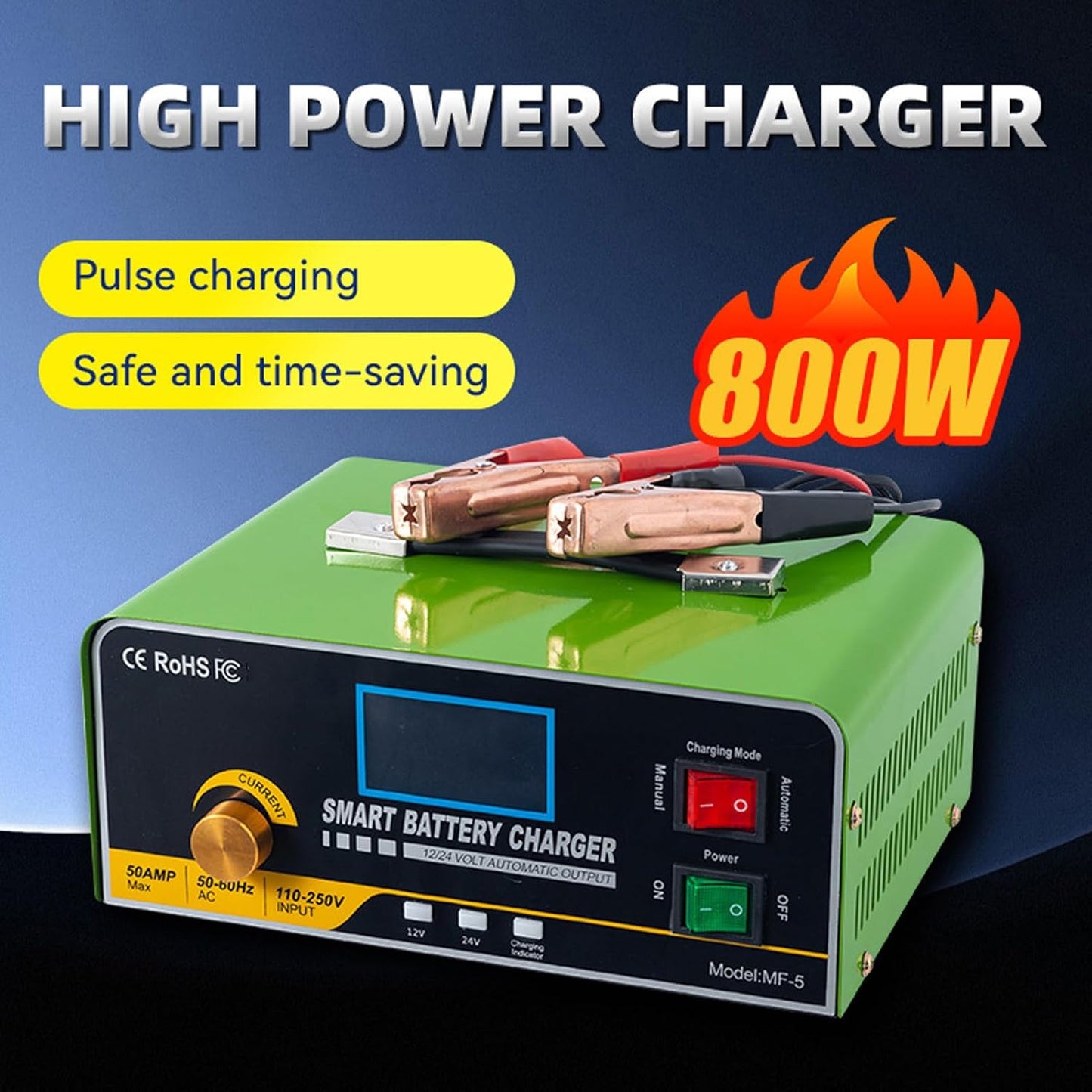 Slimme Batterijlader – Acculader – Oplader – Accubehouder – Batterijstarter – Roestvrijstalen Behuizing – Automatische LED-Display Veiligheidssysteem