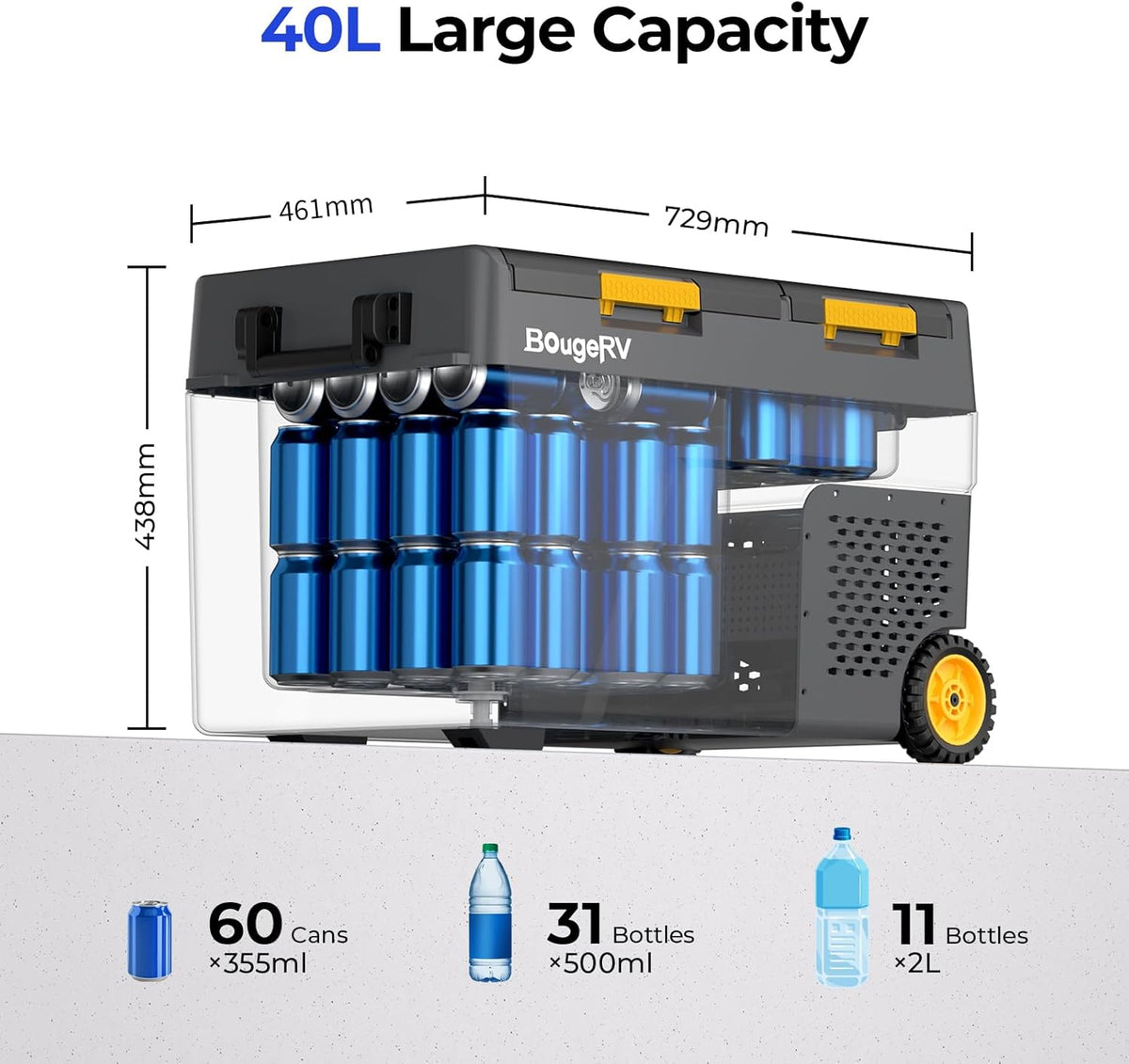 BougeRV CRD2 Compressorkoelbox, 40 liter, met vriesvak, dubbele deur, dubbele zones (verbeterde aluminium handgreep), autokoelbox met wielen, 12 V/24 V, 230 V, campingkoelkast, auto, elektrisch met