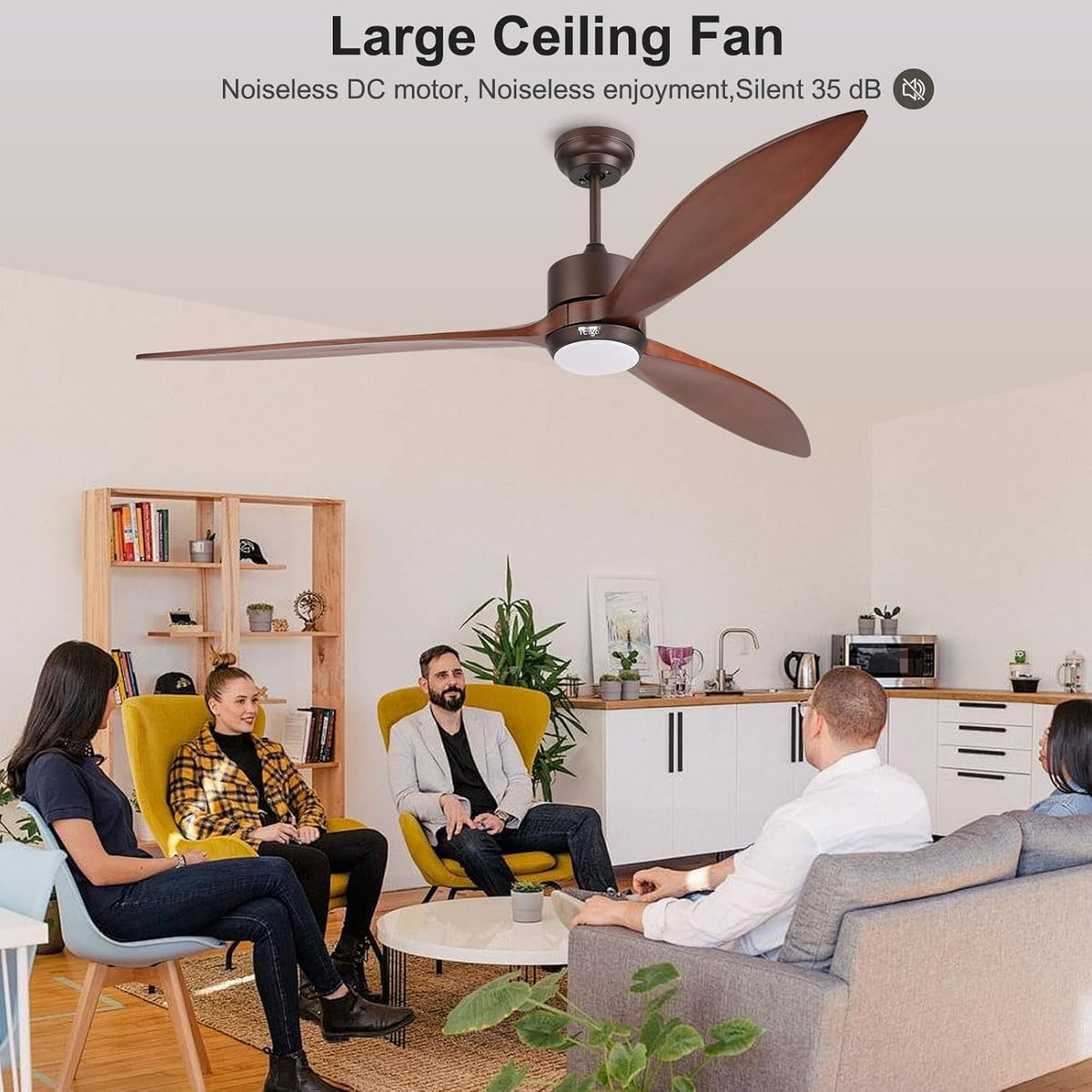 reiga 165 cm massief houten buitenplafondventilator met DC-motor, dimbare led-verlichtingsset, Alexa, Google Home, app en afstandsbediening, 6 versnellingen, IP44, bruine houten vleugel