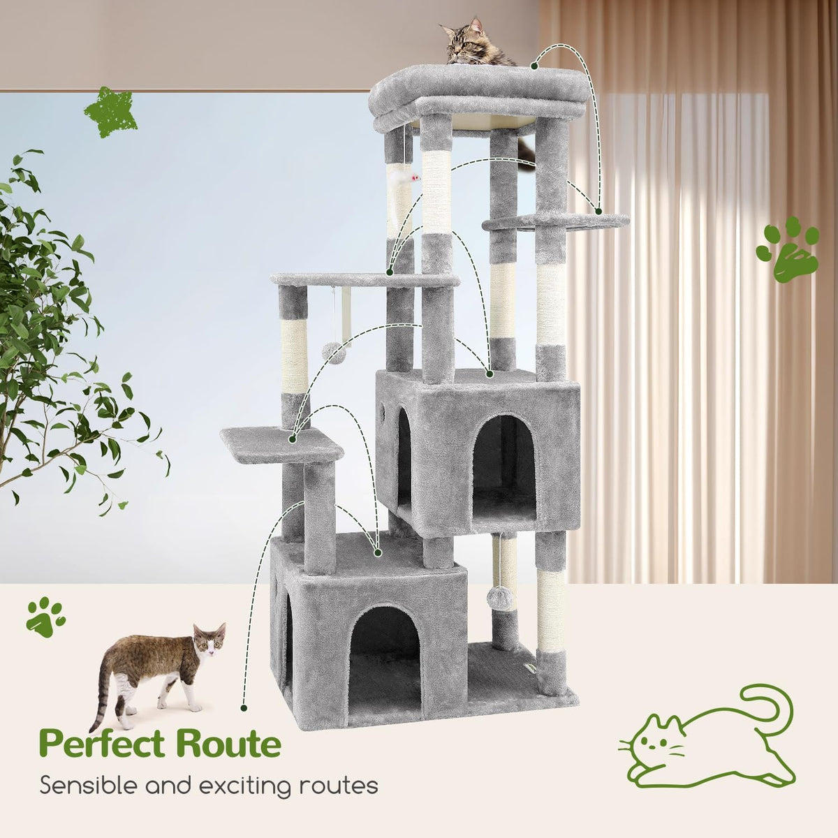 Kattenboom – Krabpaal – Kattentoren – Speelboom – Krabtoren – Lichtgrijs – Grote Basis 72x45 cm – 2 Luxe Kattenholen 45x40x35 cm
