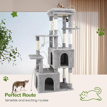 Kattenboom – Krabpaal – Kattentoren – Speelboom – Krabtoren – Lichtgrijs – Grote Basis 72x45 cm – 2 Luxe Kattenholen 45x40x35 cm
