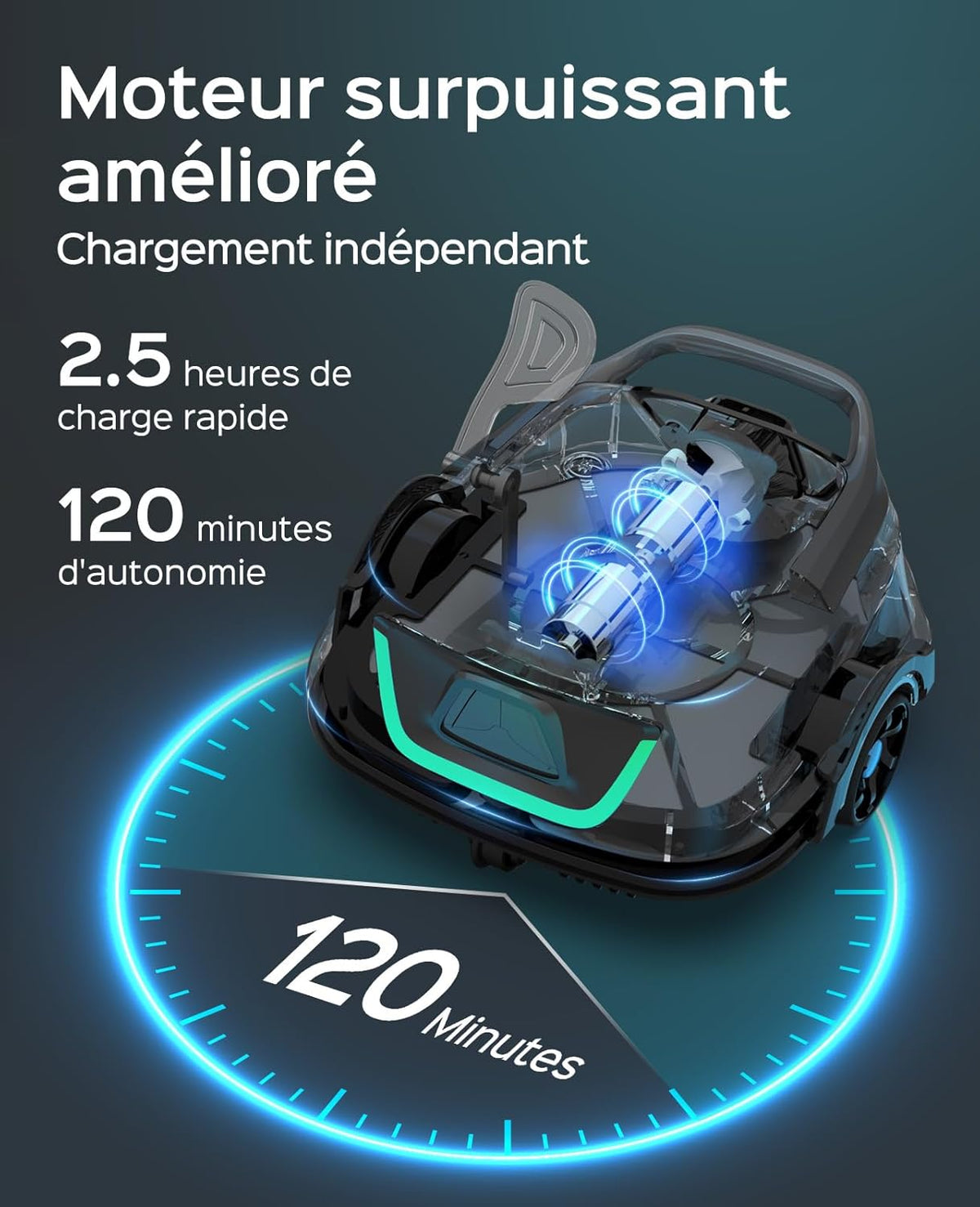 WYBOT A1 Zwembadrobot-accu met dubbel filtersysteem, 120 minuten, ultrastille reiniging voor zwembaden van 100 m², energiebesparend systeem en draadloze zwembadstofzuiger, mat, zwart-groen