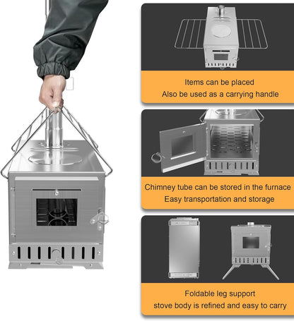 Houtkachel – Tentkachel – Campingkachel – Outdoor kachel – Houtbrander – RVS Staal – Draagbaar en Compact – 7 Schoorsteenpijpjes