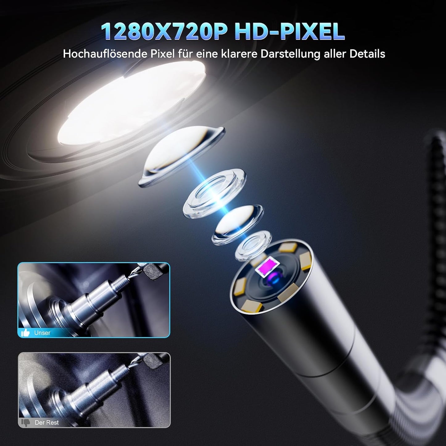Ralcam Endoskopkamera 6,2mm Endoscope Camera - Endoskop 360° Inspektionskamera mit Licht 5,0" HD 1280x720 Rohrkamera, Kameras mit 6 LED, IP67 Wasserdicht 1m Halbstarres Kanalkamera Teleskopkamera