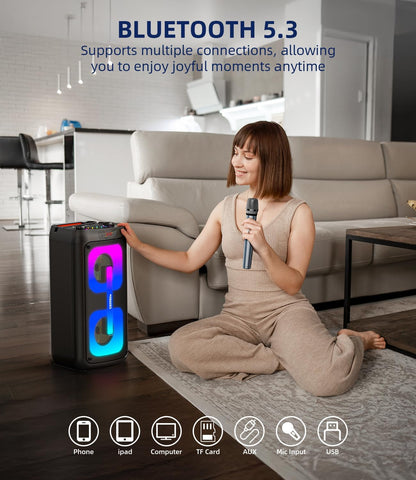 Karaokemachine voor Volwassenen – Draagbare Speaker – Bluetooth Speaker – PA-Systeem – Karaokeset – 60W Krachtig Geluid – 2 Draadloze Microfoons & RGB-Discolampen