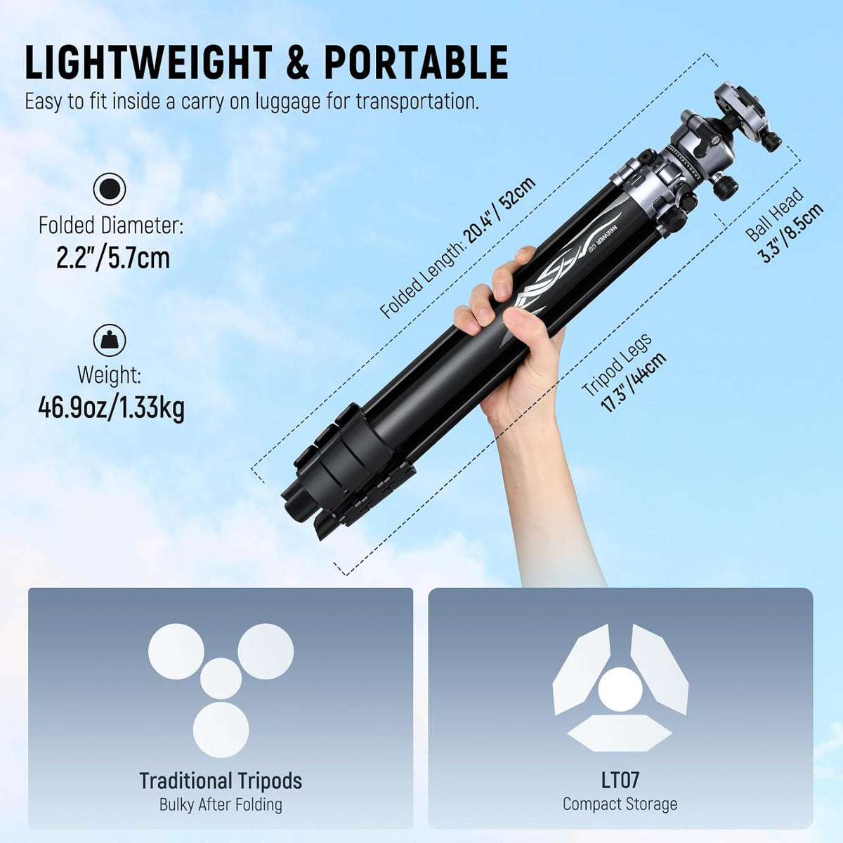 NEEWER LITETRIP LT07 Aluminium reisstatief voor camera, Pan Tilt Laag Profiel, Kogelhoofd, Arca QR-plaat, compatibel met Peak Design statiefplaat V3, dubbele as, telefoonhouder, max belasting 10 kg