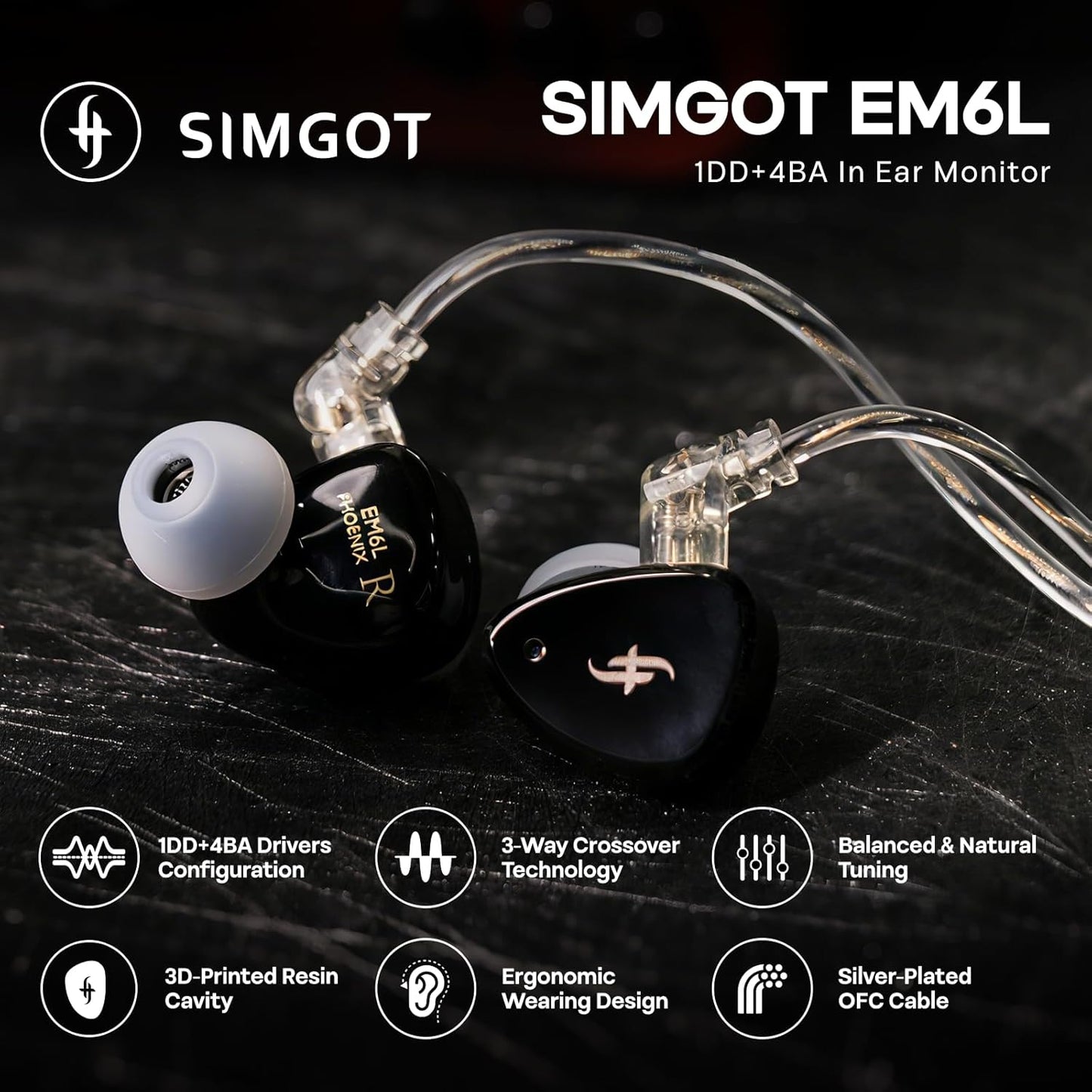 Linsoul SIMGOT EM6L 1DD + 4BA hybride driver in ear monitor, Gaming-oordopjes, hifi IEM-oortelefoon met 3D-geprinte harsbehuizing, afneembare OFC verzilverde kabel voor muzikant en audiofiel