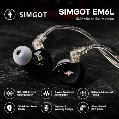 Linsoul SIMGOT EM6L 1DD + 4BA hybride driver in ear monitor, Gaming-oordopjes, hifi IEM-oortelefoon met 3D-geprinte harsbehuizing, afneembare OFC verzilverde kabel voor muzikant en audiofiel