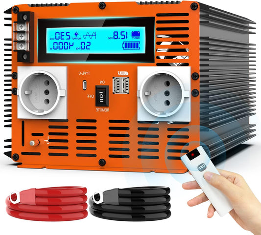 Omvormer – Spanningsomvormer – Inverter – Stroomomvormer – 12V Naar 230V – 4000W Zuivere Sinusgolf – Draadloze Afstandsbediening & LCD Display - QUORE