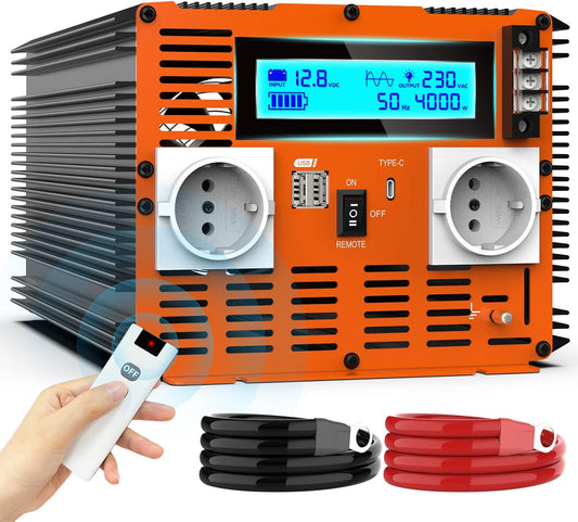 Omvormer Zuivere Sinus 12V naar 230V 4000W Spanningsomvormer met Afstandsbediening & LCD-scherm & 2 EU-stopcontact & 2 x 3,4 A USB & Type-C poort Solar Power Inverter