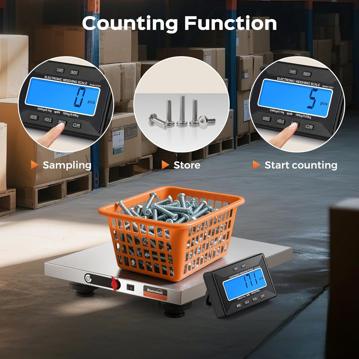 Bonvoisin Draadloze postweegschaal 450 kg met apart lcd-display, platform van roestvrij staal, dubbele stroomvoorziening met batterijen en net, kg/lb/oz/lb: oz, Tara/Hold/Countr-functie (450 kg GB)