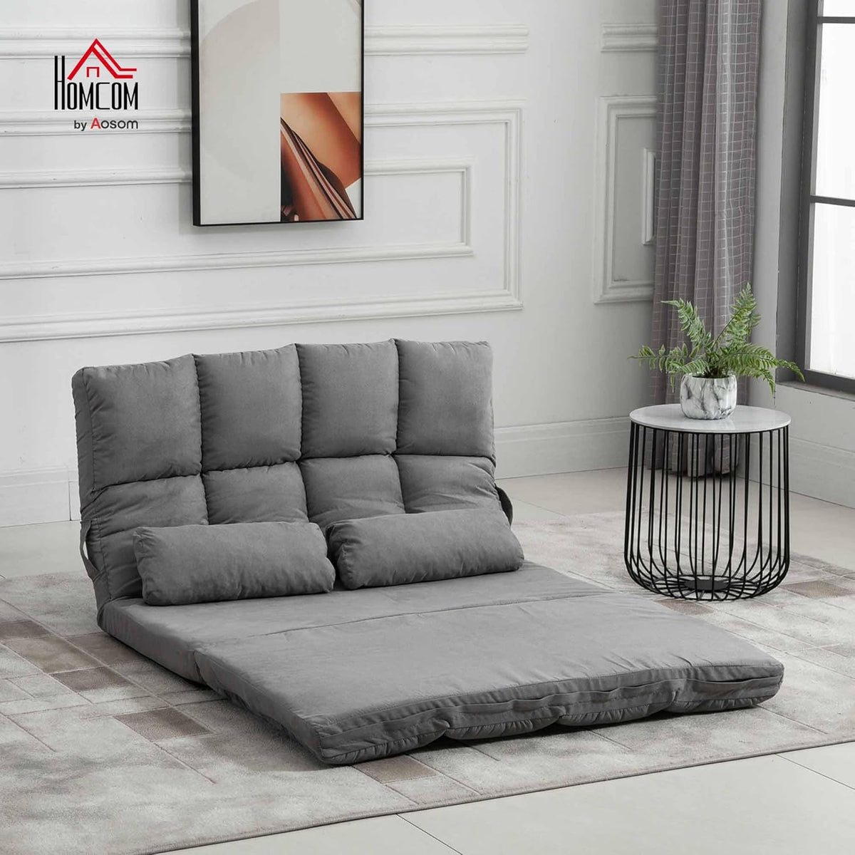 HOMCOM floor chair 2-in-1 floor chair bed with backrest 7 positions adjustable seat cushions light grey velvet steel 102 x 73 x 60 cm - QUORE