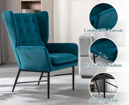 Velvet Accentstoel – Fauteuil – Zetel – Lounge Stoel – Eetkamerstoel – Turquoise – Zachte Fluwelen Bekleding – Stevig Veerkrachtig Zitkussen