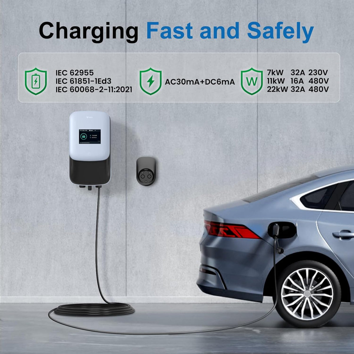 GONEO Laadstation 11kW 8A-16A Wallbox voor elektrische voertuigen 480V driefasig OCPP met 5 m kabel met RFID-kaart IP65 IK10 bescherming 4G WLAN APP Bluetooth besturing terminelading