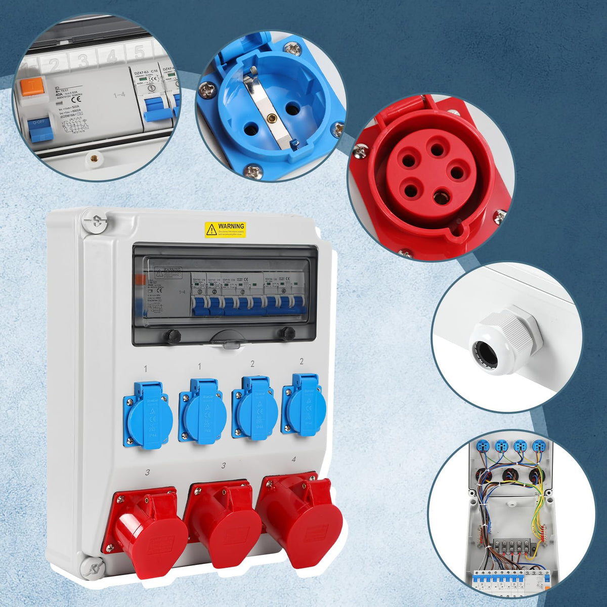Verdeler voor bouwplaatsen, wandverdeler, 1 x 32 A, 2 x 16 A, 4 x 230 V met LS+FI met veiligheidsschakelaar, wandverdeler met RCCB, CEE stopcontact 16/32 A, voor bouwplaatsen