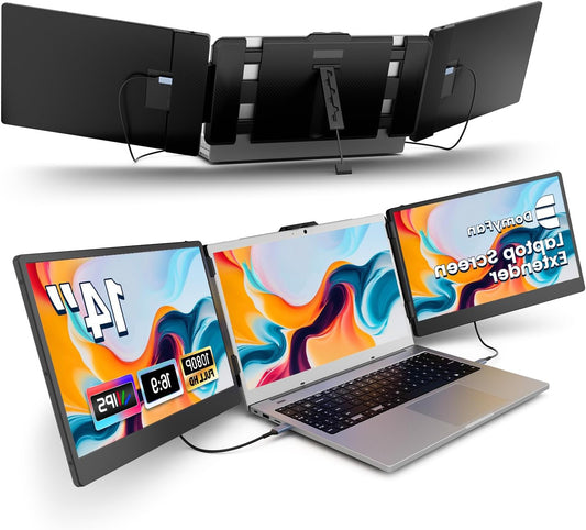 14" Laptop Screen Extender, FHD 1080P IPS Triple Portable Monitor for Laptop, HDMI/USB-A/Type-C Plug and Play for Windows, Mac, Android, Chrome, Switch & PS5, Works with 13.3"-17" Laptops - QUORE