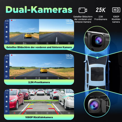 Draadloze Apple Carplay & Android Auto Stereo, 9.26" Draagbare Autoradio met 2K Dash Cam Voorkant, 1080P Achteruitrijcamera, Navigatie Apparaten met Siri/Bluetooth/GPS/Google/FM/AUX/Mirror-Link/64G TF