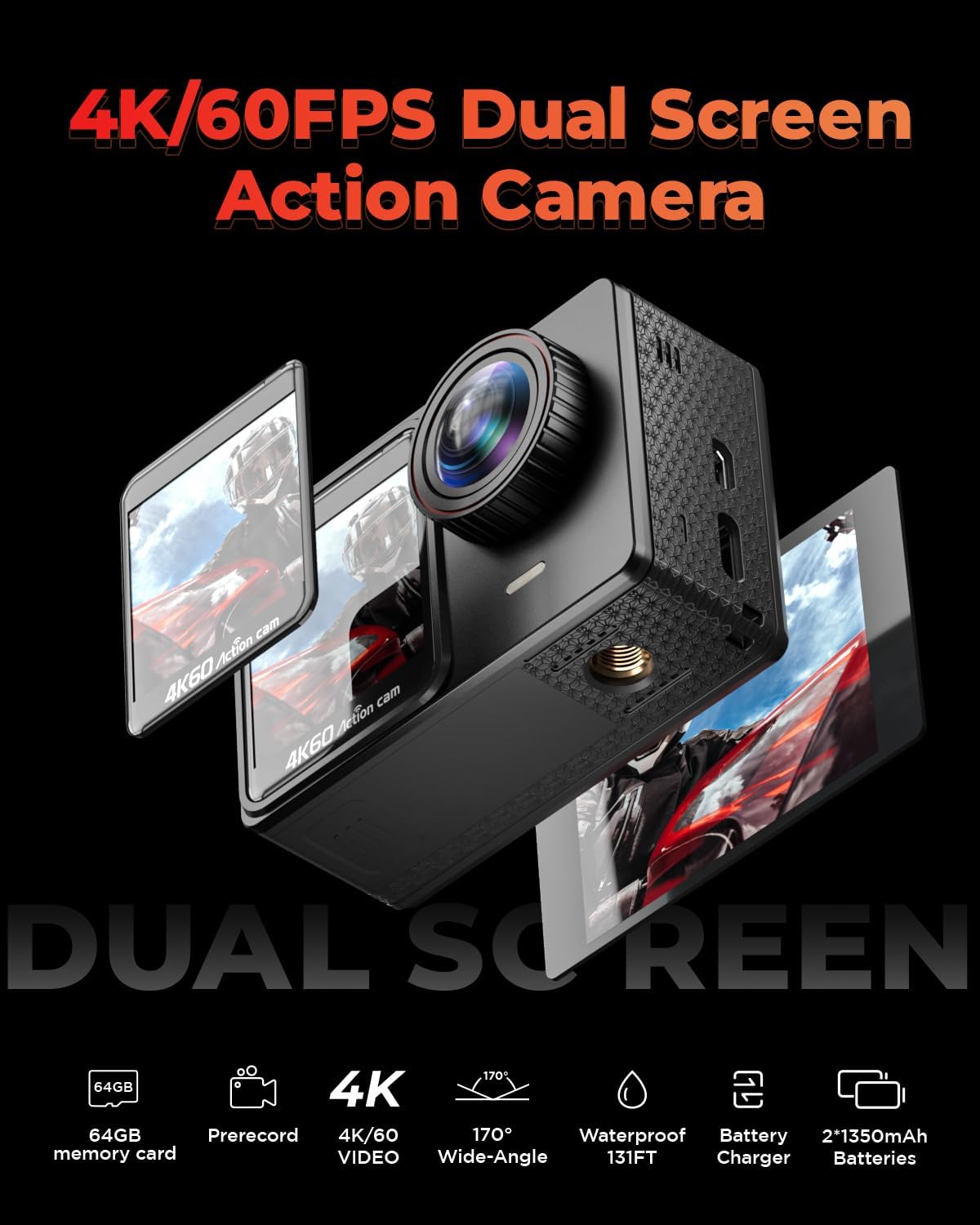 4K 60FPS Touchscreen Actiecamera met 64 GB SD-kaart, Dual Screen Pre-Recording 24MP Onderwatercamera 131FT Waterdichte Camera's 170° Sportcamera's met 2 x 1350 mAh Batterijen Helm Accessoires Kit