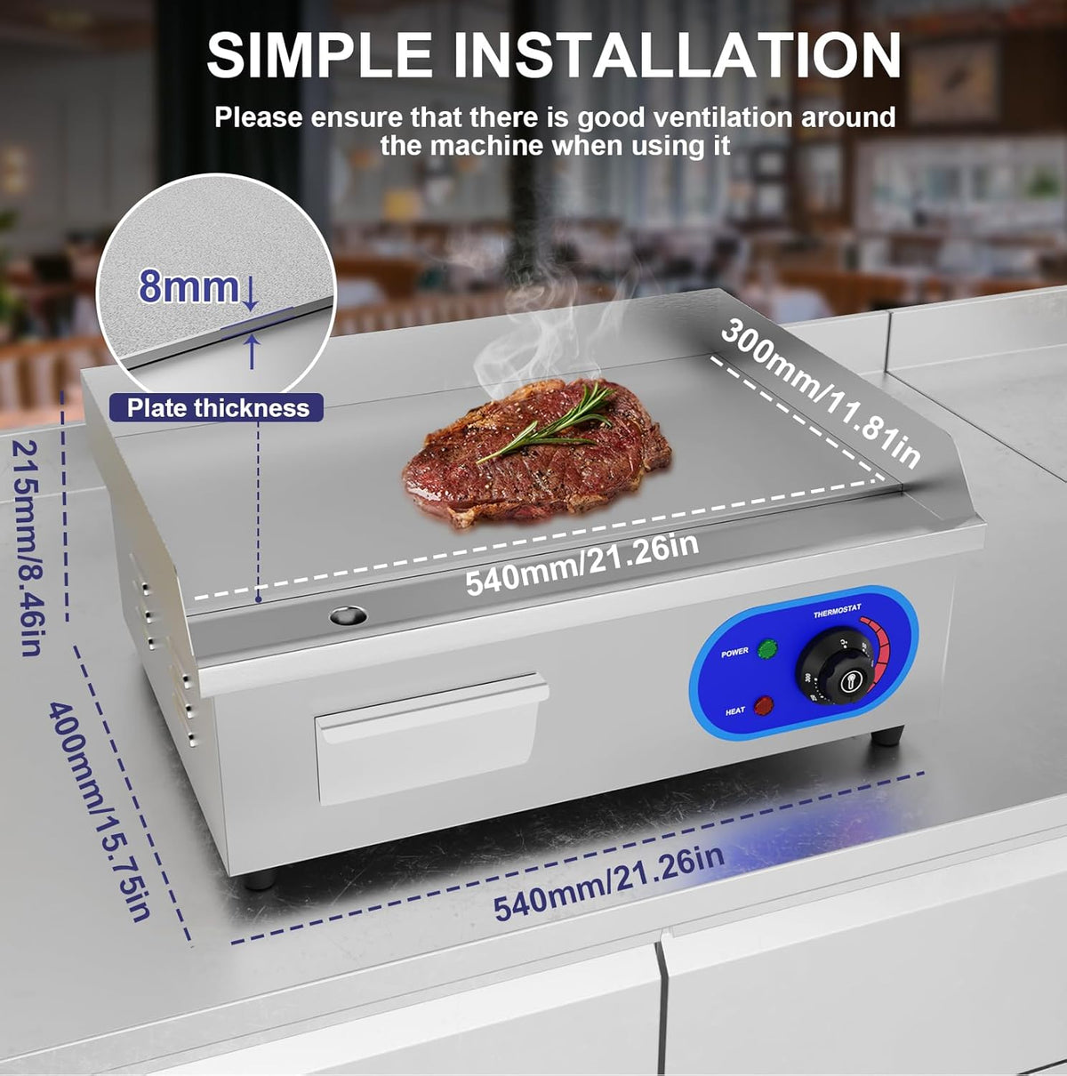 TAIMIKO Elektrische kookplaat, elektrische grill, 220 V, 3000 W (glad, roestvrijstalen behuizing) zilver