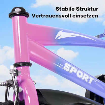 Kinderfiets, 14 inch, fiets voor jongens en meisjes met steunwielen, stevig frame, verstelbare zitting, terugtraprem en handrem, geschikt voor bestuurders van 94 tot 107 cm (paars kleurverloop)