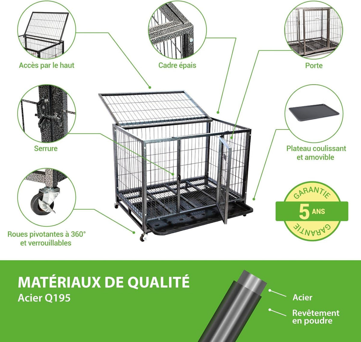 Hondenkooi voor binnen en buiten, 94 x 64 x 76 cm, transportbox, afsluitbare wielen, opvouwbaar, 2 deuren, afneembaar dienblad Paitsy