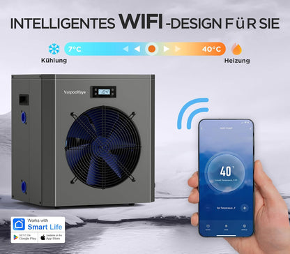 5 KW Elektrische zwembadwarmtepomp voor opbouwzwembad, zwembadverwarming, warmtepomp, zwembad tot 20.000 l, 20 m³, wifi-bediening, 220 V, 240 V, 50 Hz