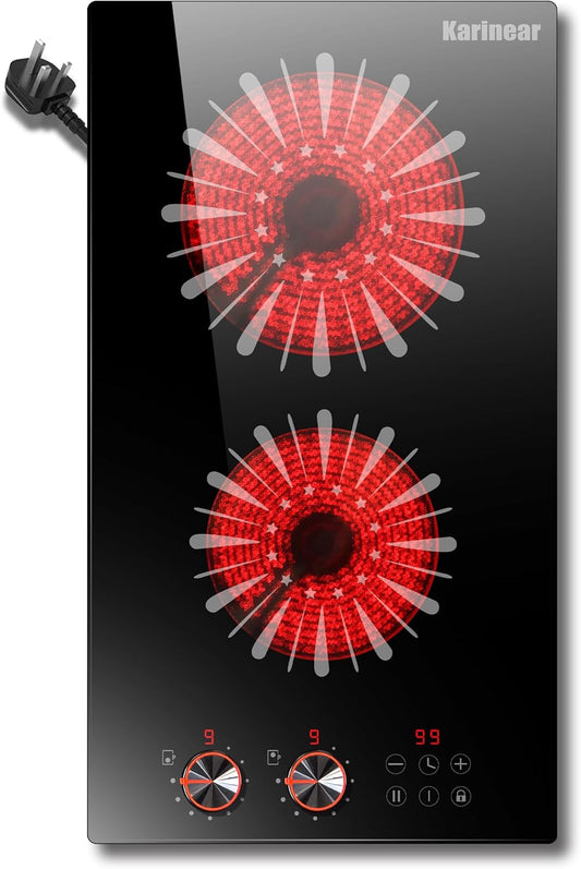 Karinear Keramische kookplaat 2 platen 30 cm, 9 warmtestanden, Automatische uitschakeling, Restwarmte-indicator, Zonder stopcontact, Zwart glaskeramiek (3000 W)