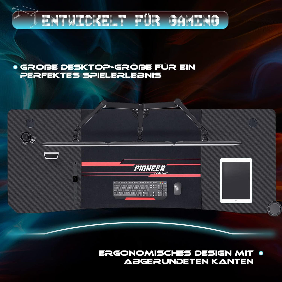 Devoko Gaiming Tafel 140 cm, gamingbureau, gamer, computertafel, ergonomisch pc-bureau met kabelopbergdoos, bekerhouder en hoofdtelefoonhouder, T-vormig (zwart, 140 x 60 x 75 cm)