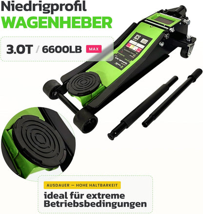 2026 Model, verbeterde en lichte hydraulische krik met laag profiel, dubbele zuigerslag 75-500 mm, draagkracht tot 3000 kg, robuuste krik voor auto's en SUV's