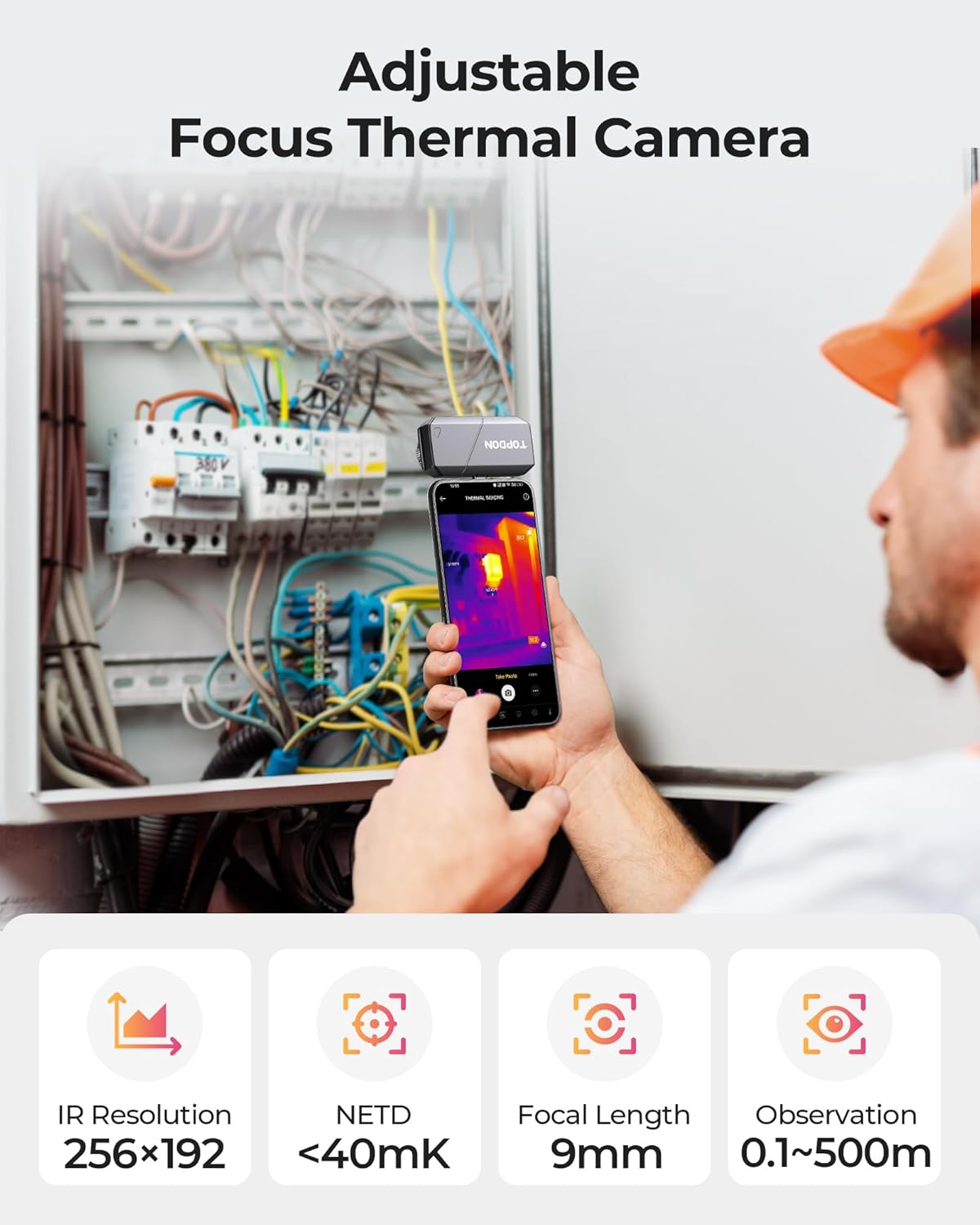 TOPDON TS001 Warmtebeeldcamera Android, observatiebereik 0,1 tot 500 m, 9 mm instelbare lens, 256 x 192 IR-resolutie, handmatig scherpstellende warmtebeeldcamera's voor jacht, outdoor, printplaten,