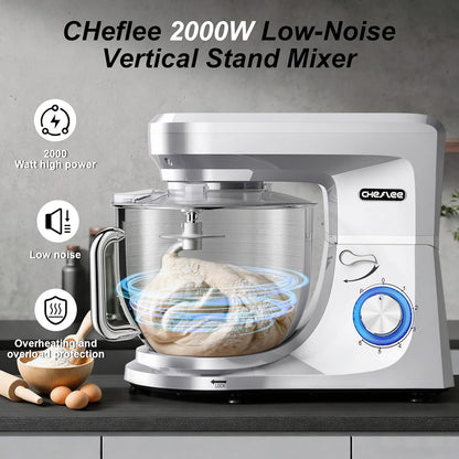 CHeflee Keukenmachine, 1800 W, krachtige kneedmachine, met kneed- en roerfunctie, 6 snelheden, geluidsarme deegkneedmachine, 7,2 liter, roestvrijstalen kom, deeghaak en garde, spatbescherming