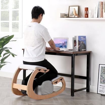 Ergonomische kniestoel, verstelbare schommelstoel van hout, verbeter je houding met een schuine zitting voor thuis, kantoor (wit eiken)