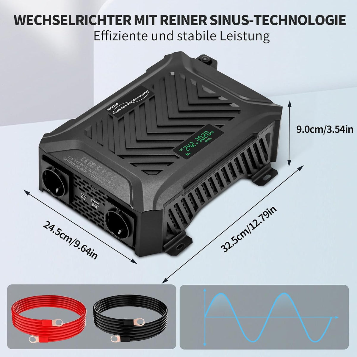 Power Inverter 12V/24V 220/230/240V Zuivere Sinus – Omvormer – Spanningsomvormer – Converter – Inverter – Intelligent Detectiesysteem 12V/24V – 1500W/3000W, 2 AC-Stopcontacten, Type C, USB-Poort, LCD-Display