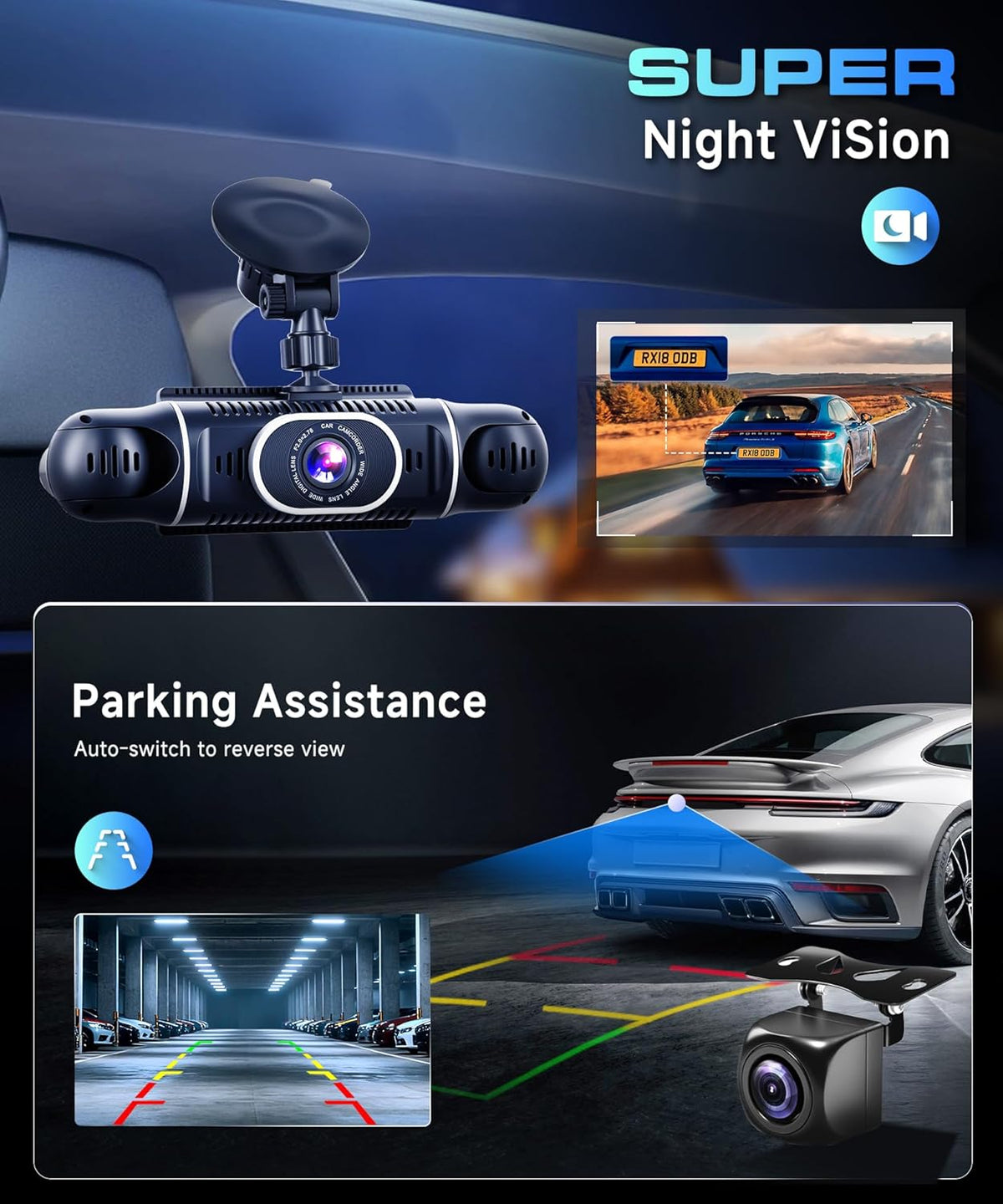 Dashcam 2K auto met wifi, 4 1080p dashcams met 3 inch IPS-display, nachtzicht, versnellingsmeter, 360 graden bescherming, ondersteunt 128G, G-sensor