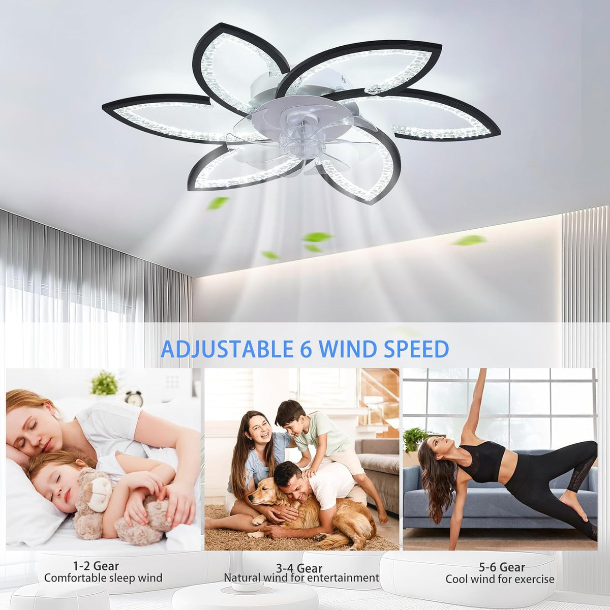 Plafondventilator met licht en afstandsbediening, moderne led-plafondventilator met variabele intensiteit, stille omkeerbare motor met windsnelheid, verstelbaar, voor woonkamer, 78 cm, zwart