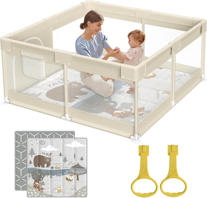 Fodoss Baby Playpen, 120 x 120 cm, Modular and Foldable, Beige with Children's Design, This Large Playpen is Perfect for Home, Beige - QUORE