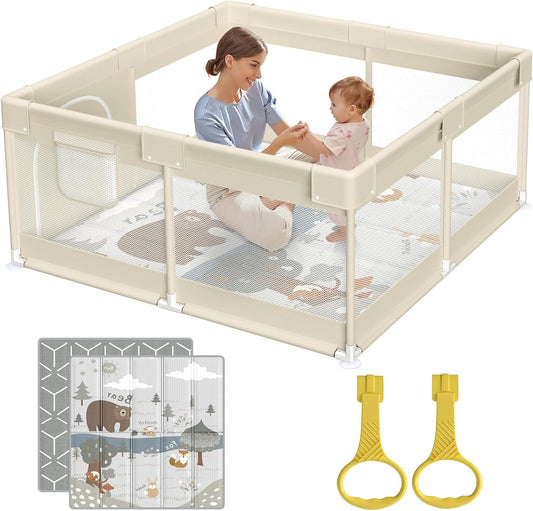 Fodoss Baby Playpen, 120 x 120 cm, Modular and Foldable, Beige with Children's Design, This Large Playpen is Perfect for Home, Beige - QUORE