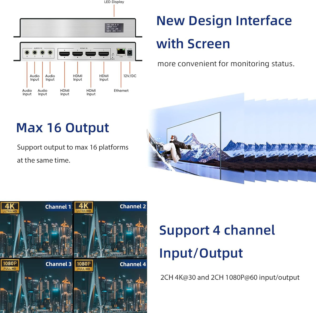 HDMI 4-kanaals 4K H.265 264 MJPEG video-encoder met display, maximaal 16 uitgangen, extra audio HTTP RTSP RTMP RTMPS SRT UDP RTP video-encoder voor Facebook YouTube Twitch