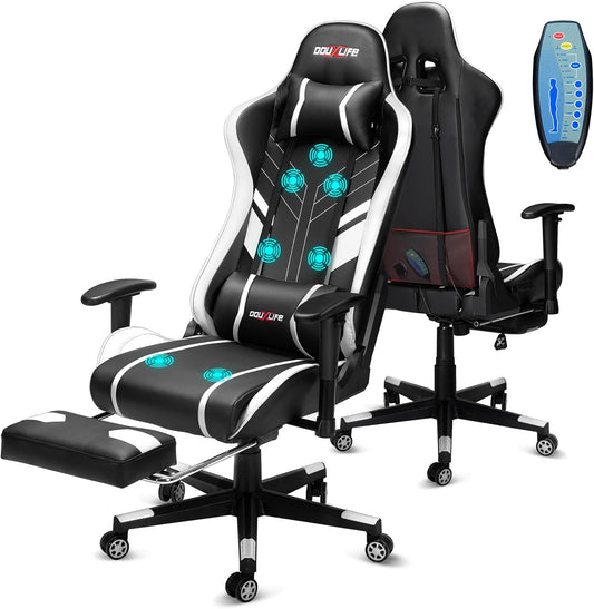 Douxlife Gaming Stoel, met 7-punts Massage, Ergonomische bureaustoel met Voetensteun, 90-175° Rugleuning Instelbaar, Verstelbare 2D-Armleuning, PC-gamerstoel, Bureaustoel, 180 kg, Zwart-wit