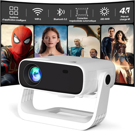 Beamer 2025 met geïntegreerde app – draagbare projector full hd 1080p 650ANSI, retroprojector ondersteunt 4K WiFi Bluetooth, trapeziumcorrectie auto en 4P, compatibel met iOS Android HDMI