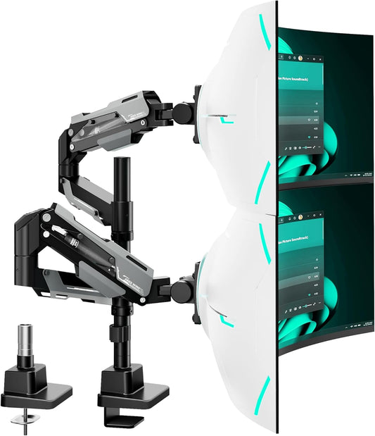 ARES WING Monitorhouder voor 2 monitoren met stang, boven elkaar voor 24-57 inch platte en gebogen schermen, tot 27/22 kg, beeldschermhouder 2 monitoren in hoogte verstelbaar, VESA 75/100/200, zwart
