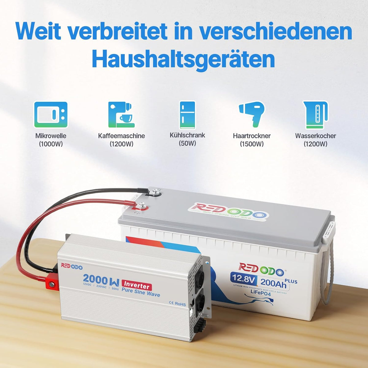 Redodo Pure Sine Wave omvormer, 2000 W, 2 V DC naar 230 V AC converter voor dames, camping, zonne-omvormer met 2 AC-uitgangen, monitoring-scherm met real-time statusweergave