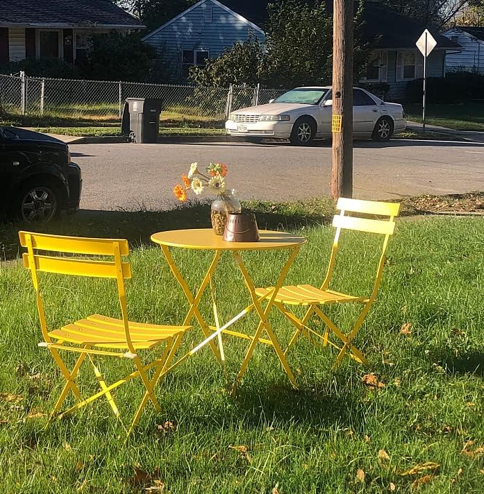 Grand patio Bistro Set van 3 tuinmeubelen, zitgroep, 2 stoelen en 1 tafel, premium staal, inklapbaar, balkonset voor binnenplaats, tuin, buiten (geel) - QUORE