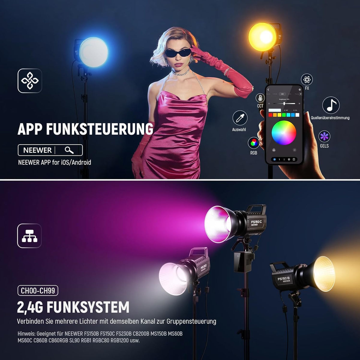 RGB LED-Videolamp – Videolamp – Fotolamp – Studiolamp – COB Lamp – 130 W, 2500-7500 K, 19800 Lux/1 M – App- En 2,4 G-Besturing Met 17 Effecten