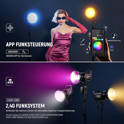 RGB LED-Videolamp – Videolamp – Fotolamp – Studiolamp – COB Lamp – 130 W, 2500-7500 K, 19800 Lux/1 M – App- En 2,4 G-Besturing Met 17 Effecten