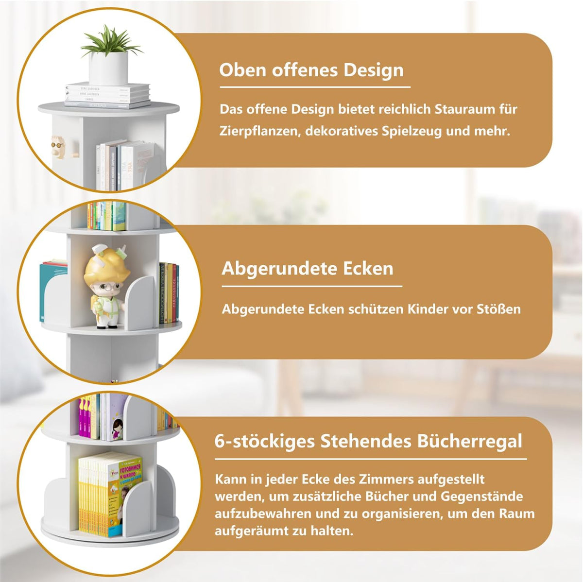 tonchean Boekenkast, 6-traps draaibaar, 360 graden draaibaar, boekenkast, opbergrek, multifunctioneel staand rek, opbergrek, roterende boekenplank, wit, voor slaapkamer, kinderkamer, woonkamer